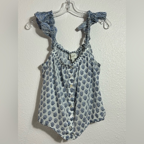 Cleobella Ruffled‎ Cami Blue Patterned Button Tank - Picture 6 of 8